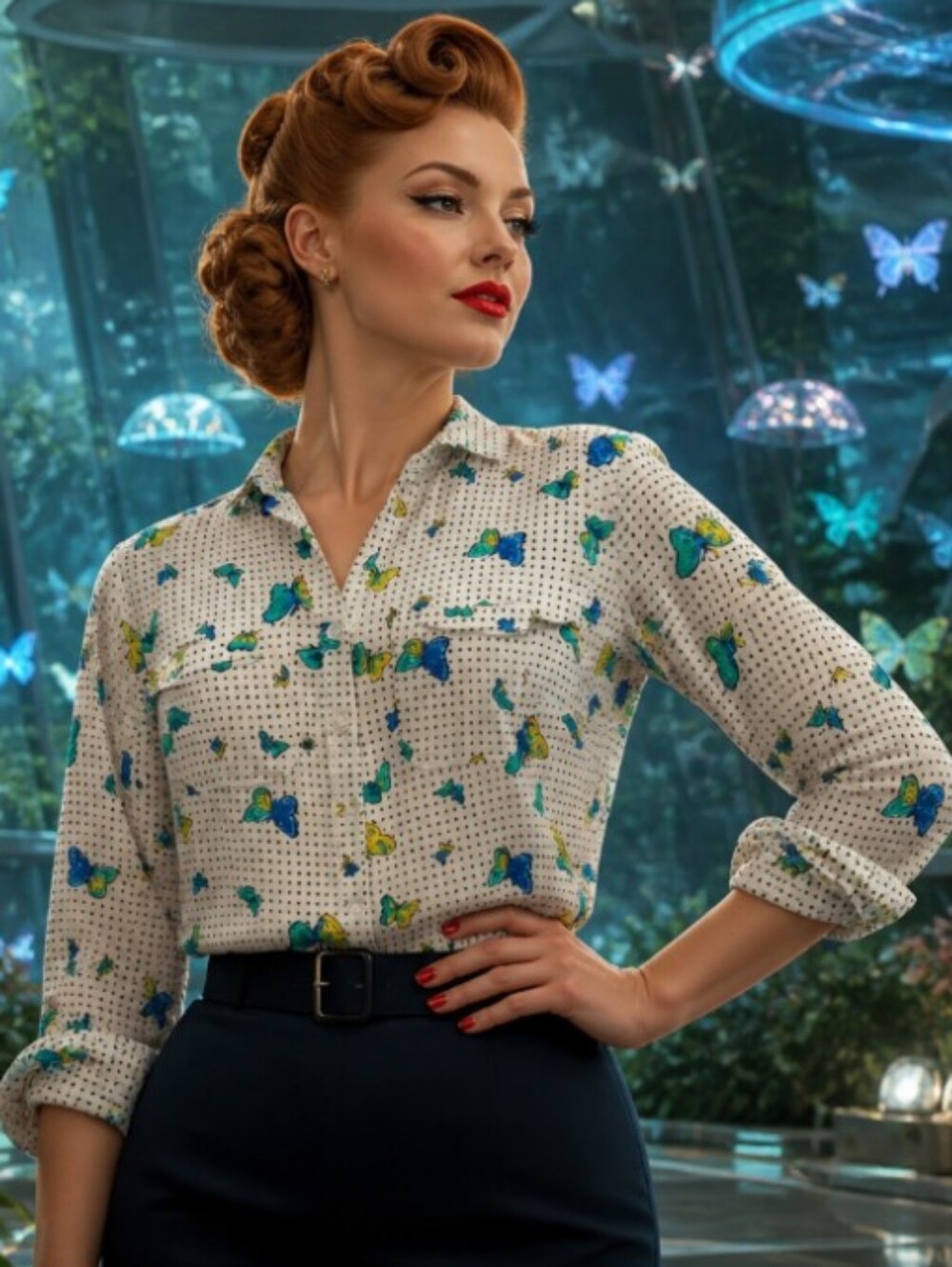 Coral Bay White Button-Front Blouse with Blue & Green Butterfly Print